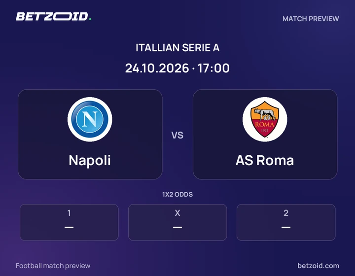 Napoli vs AS Roma: Itallian Serie A match preview with team badges and kick-off details.