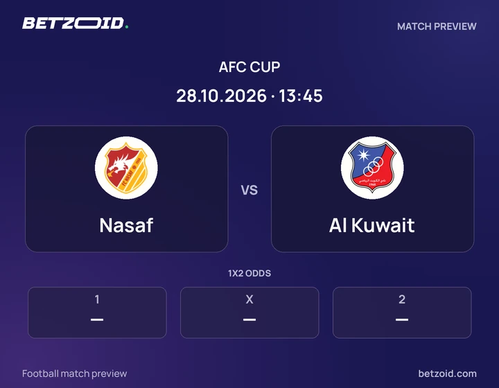 Nasaf vs Al Kuwait: AFC Cup match preview with team badges and kick-off details.
