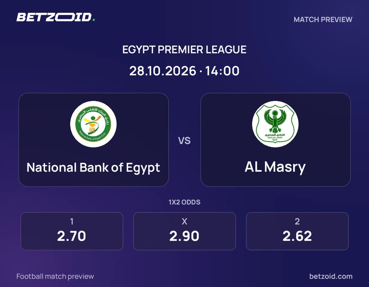 National Bank of Egypt - AL Masry National Bank of Egypt vs AL Masry: Egypt Premier League match preview with team badges and kick-off details.
