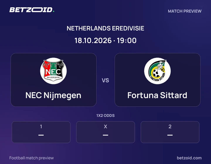 NEC Nijmegen vs Fortuna Sittard: Netherlands Eredivisie match preview with team badges and kick-off details.