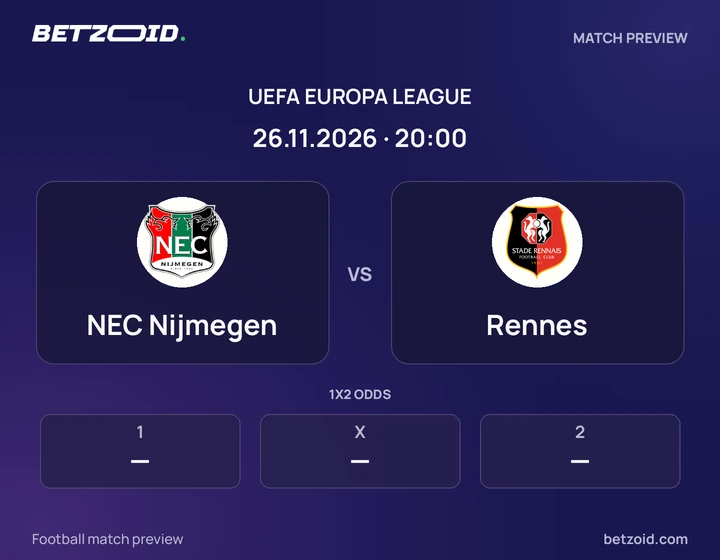NEC Nijmegen - Rennes NEC Nijmegen vs Rennes: UEFA Europa League match preview with team badges and kick-off details.