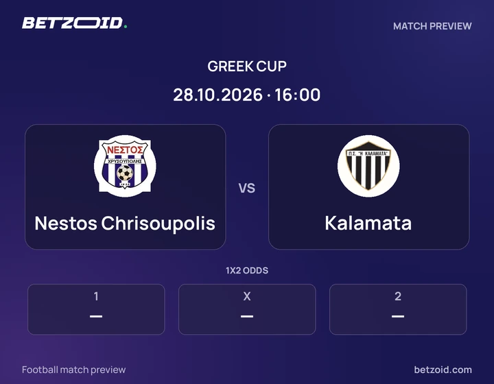 Nestos Chrisoupolis vs Kalamata: Greek Cup match preview with team badges and kick-off details.