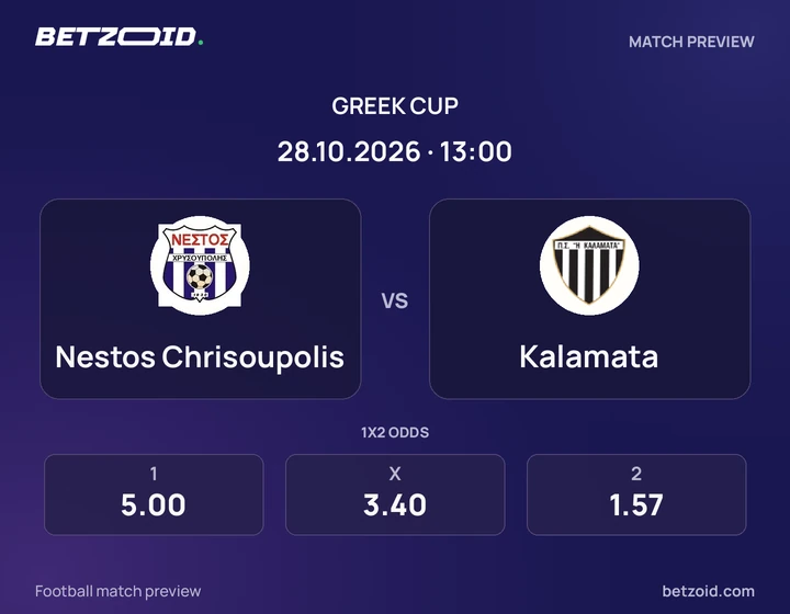 Nestos Chrisoupolis - Kalamata Nestos Chrisoupolis vs Kalamata: Greek Cup match preview with team badges and kick-off details.