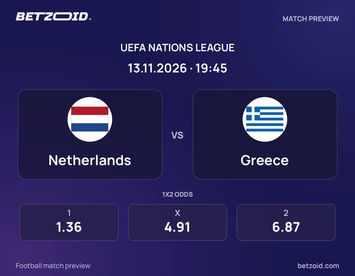 Netherlands vs Greece: UEFA Nations League match preview with team badges and kick-off details.