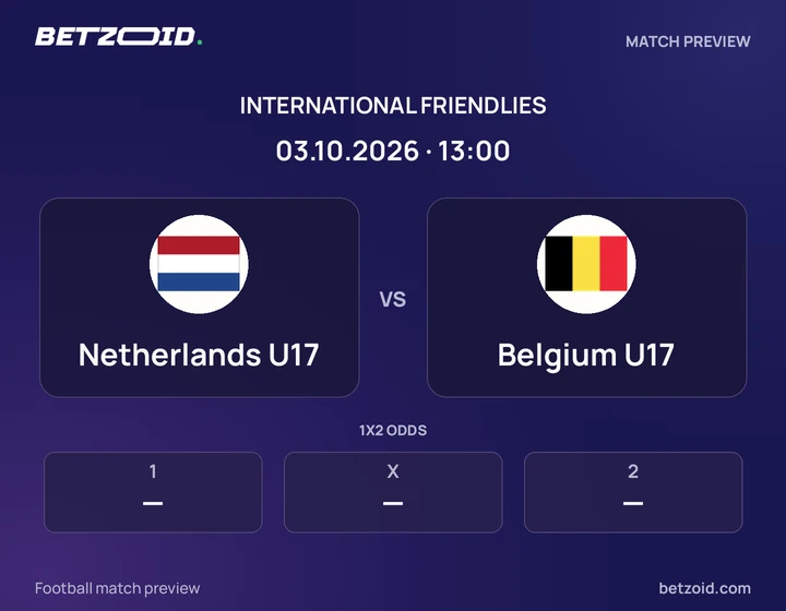 Netherlands U17 vs Belgium U17: International Friendlies match preview with team badges and kick-off details.