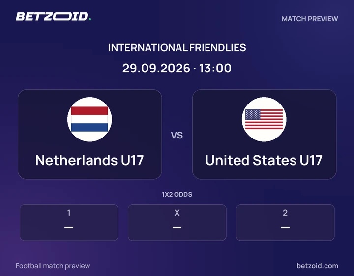 Netherlands U17 - United States U17 Netherlands U17 vs United States U17: International Friendlies match preview with team badges and kick-off details.