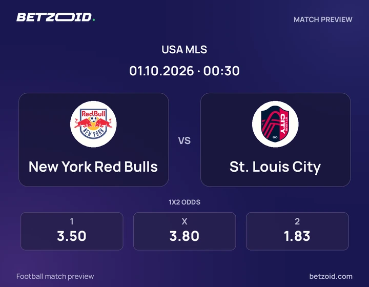 New York Red Bulls vs St. Louis City: USA MLS match preview with team badges and kick-off details.