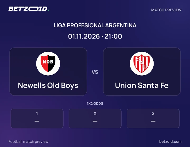 Newells Old Boys vs Union Santa Fe: Liga Profesional Argentina match preview with team badges and kick-off details.