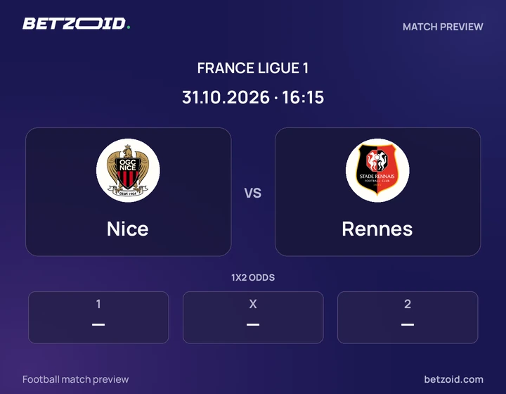 Nice vs Rennes: France Ligue 1 match preview with team badges and kick-off details.
