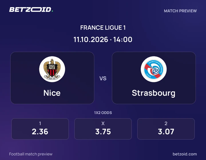 Nice – Strasbourg Nice – Strasbourg : présentation du match de Ligue 1 avec les logos des équipes et l’horaire du coup d’envoi.