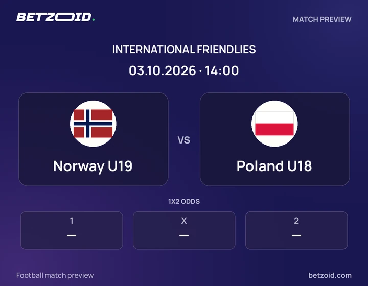 Norway U19 vs Poland U18: International Friendlies match preview with team badges and kick-off details.