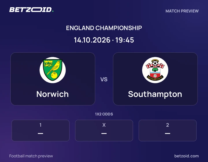 Norwich vs Southampton: England Championship match preview with team badges and kick-off details.