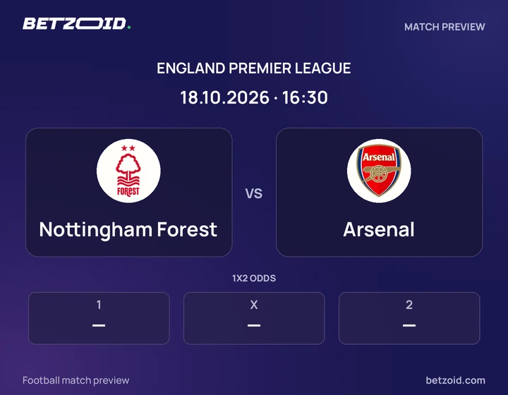 Nottingham Forest vs Arsenal: England Premier League match preview with team badges and kick-off details.