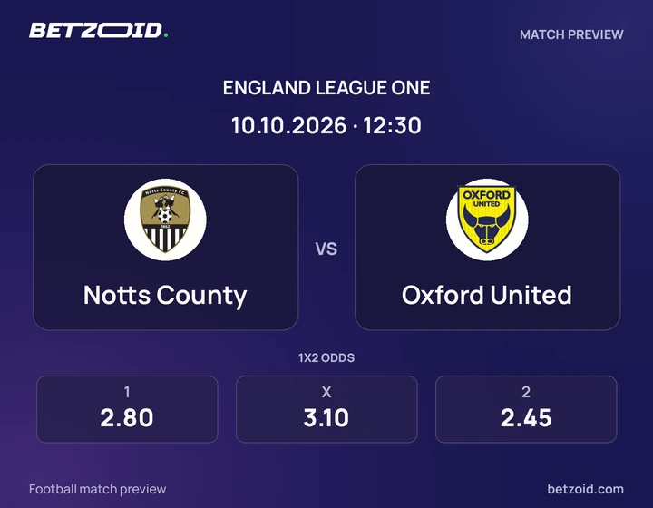 Notts County - Oxford United Notts County vs Oxford United: England League One match preview with team badges and kick-off details.