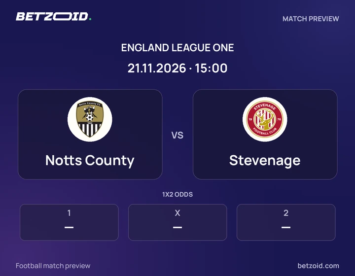 Notts County vs Stevenage: England League One match preview with team badges and kick-off details.