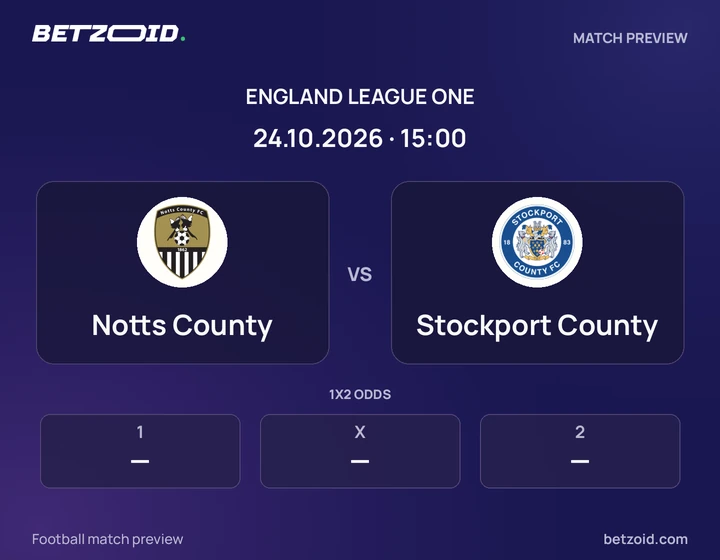 Notts County vs Stockport County: England League One match preview with team badges and kick-off details.