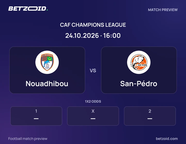 Nouadhibou vs San-Pédro: CAF Champions League match preview with team badges and kick-off details.