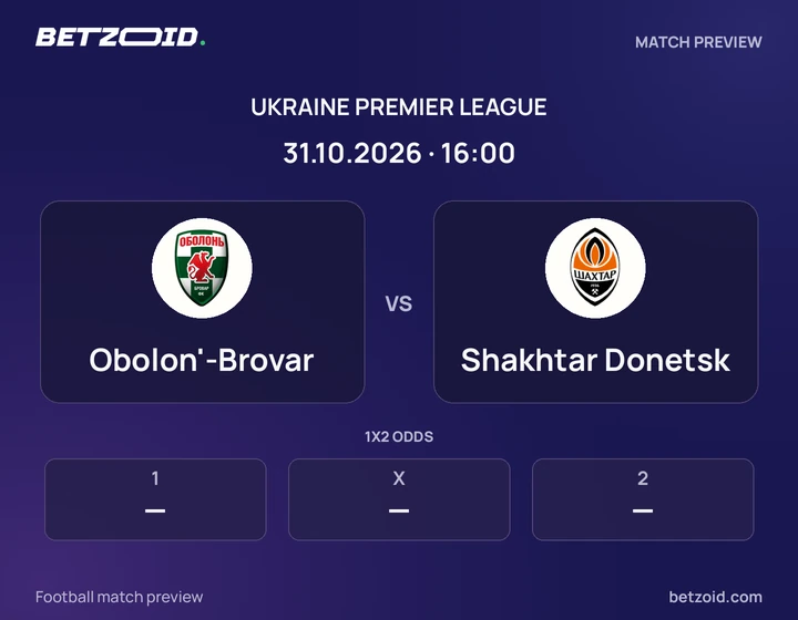Obolon'-Brovar vs Shakhtar Donetsk: Ukraine Premier League match preview with team badges and kick-off details.