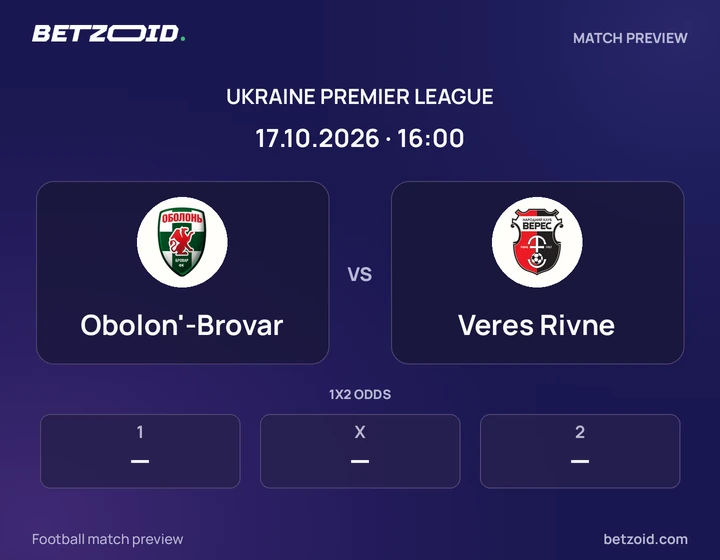 Obolon'-Brovar vs Veres Rivne: Ukraine Premier League match preview with team badges and kick-off details.