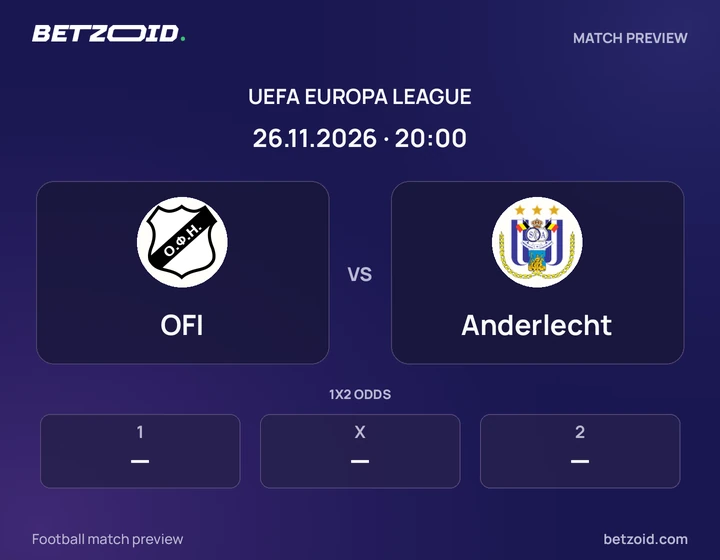 OFI vs Anderlecht: UEFA Europa League match preview with team badges and kick-off details.