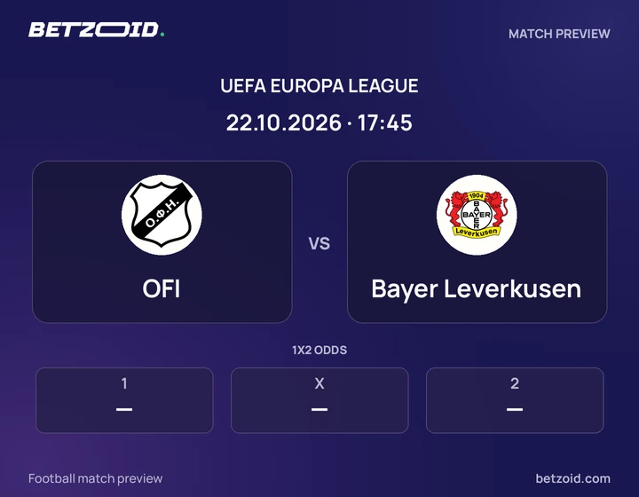 OFI - Bayer Leverkusen OFI vs Bayer Leverkusen: UEFA Europa League match preview with team badges and kick-off details.