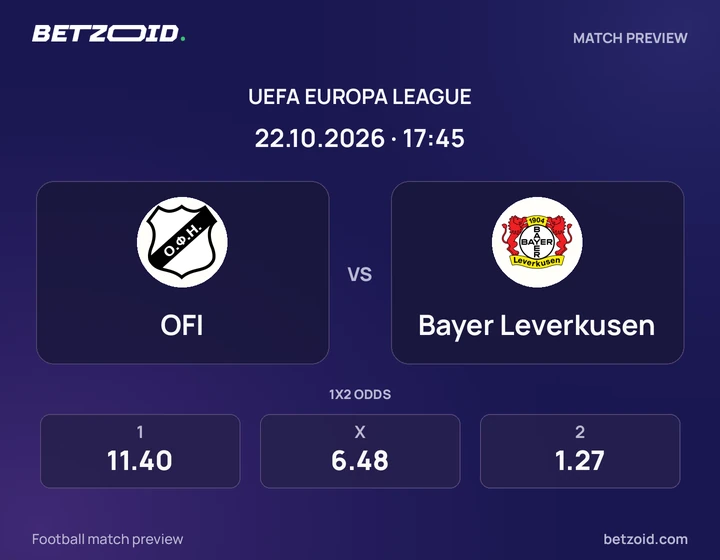 OFI – Bayer Leverkusen OFI – Bayer Leverkusen: Spielvorschau zum Wettbewerb Europa League mit Teamlogos und Anstoßzeit.