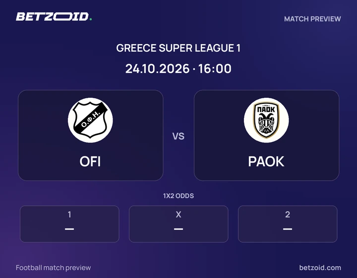 OFI vs PAOK: Greece Super League 1 match preview with team badges and kick-off details.
