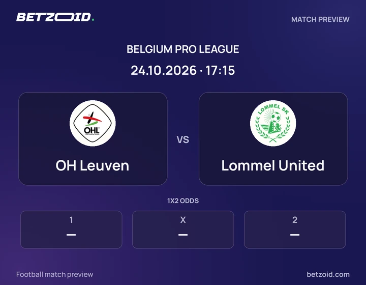OH Leuven vs Lommel United: Belgium Pro League match preview with team badges and kick-off details.
