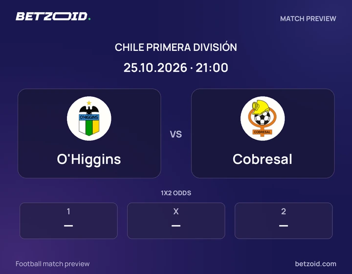O'Higgins vs Cobresal: Chile Primera División match preview with team badges and kick-off details.