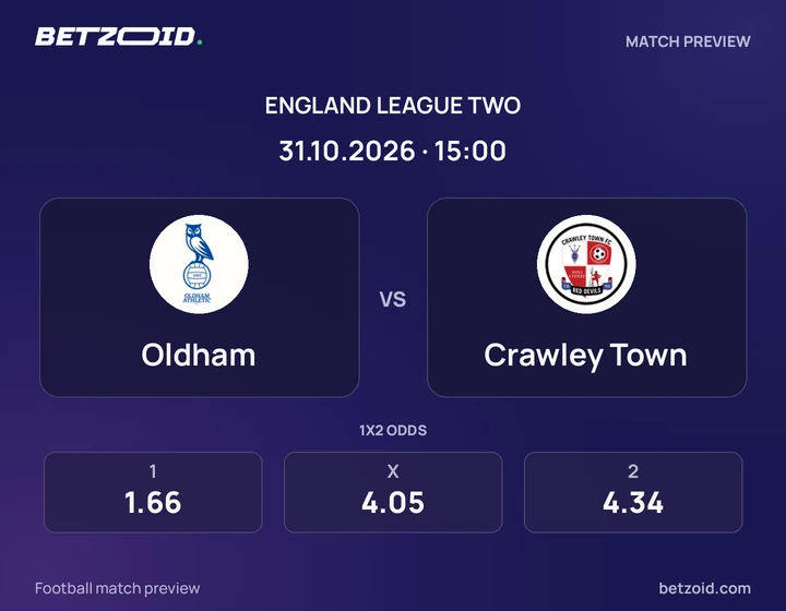 Oldham - Crawley Town Oldham vs Crawley Town: England League Two match preview with team badges and kick-off details.