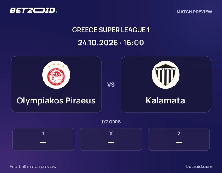 Olympiakos Piraeus vs Kalamata: Greece Super League 1 match preview with team badges and kick-off details.