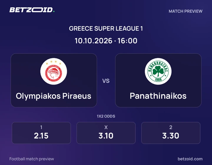 Olympiakos Piraeus vs Panathinaikos: Greece Super League 1 match preview with team badges and kick-off details.