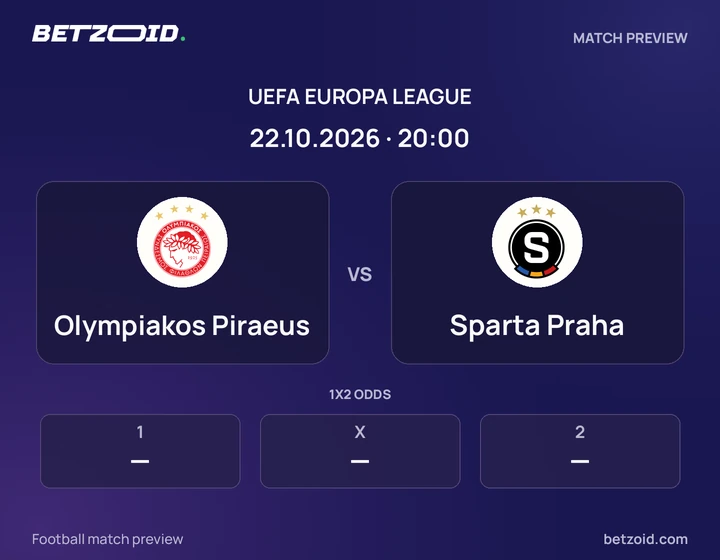 Olympiakos Piraeus vs Sparta Praha: UEFA Europa League match preview with team badges and kick-off details.