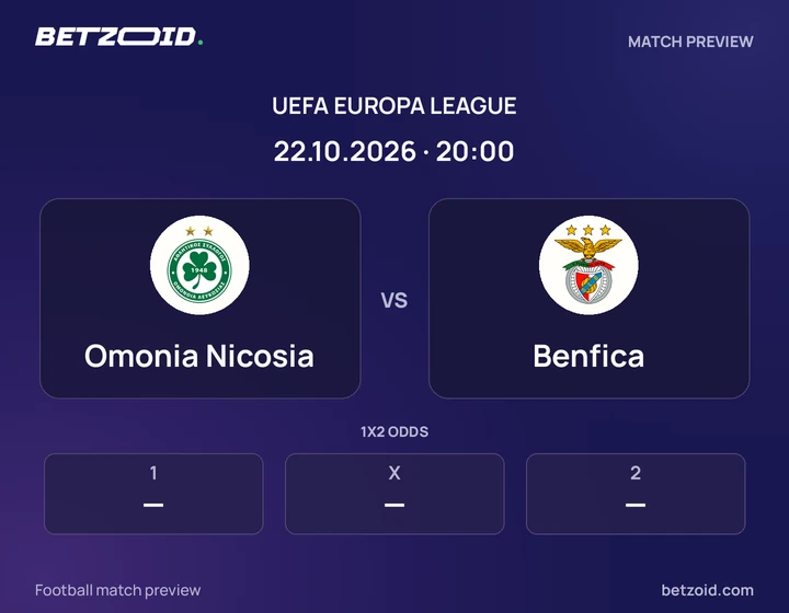 Omonia Nicosia vs Benfica: UEFA Europa League match preview with team badges and kick-off details.
