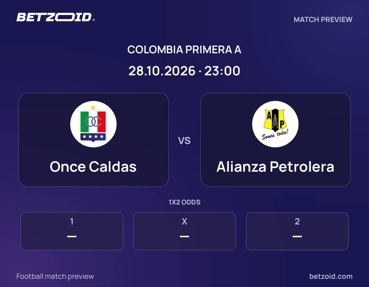 Once Caldas vs Alianza Petrolera: Colombia Primera A match preview with team badges and kick-off details.