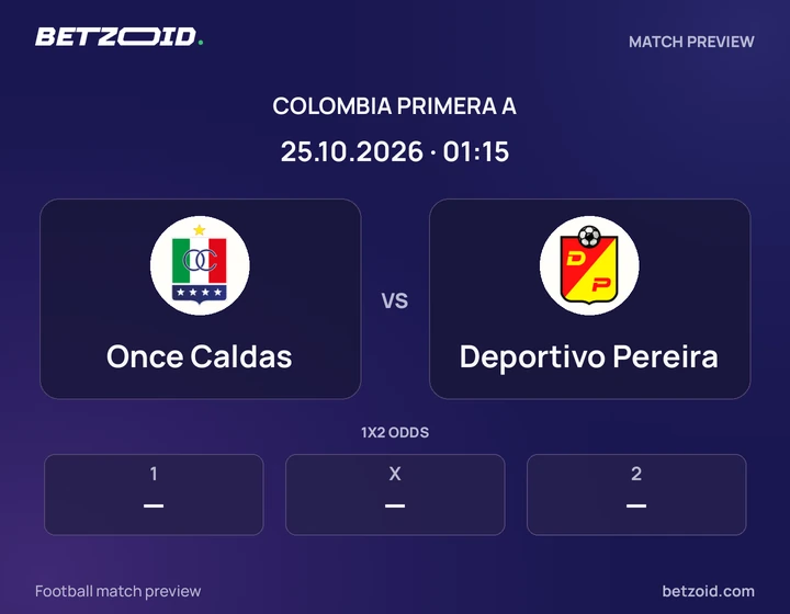 Once Caldas vs Deportivo Pereira: Colombia Primera A match preview with team badges and kick-off details.