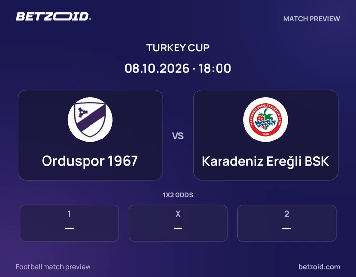 Orduspor 1967 - Karadeniz Ereğli BSK Orduspor 1967 vs Karadeniz Ereğli BSK: Turkey Cup match preview with team badges and kick-off details.