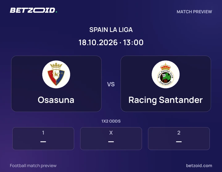 Osasuna - Racing Santander Osasuna vs Racing Santander: Spain La Liga match preview with team badges and kick-off details.