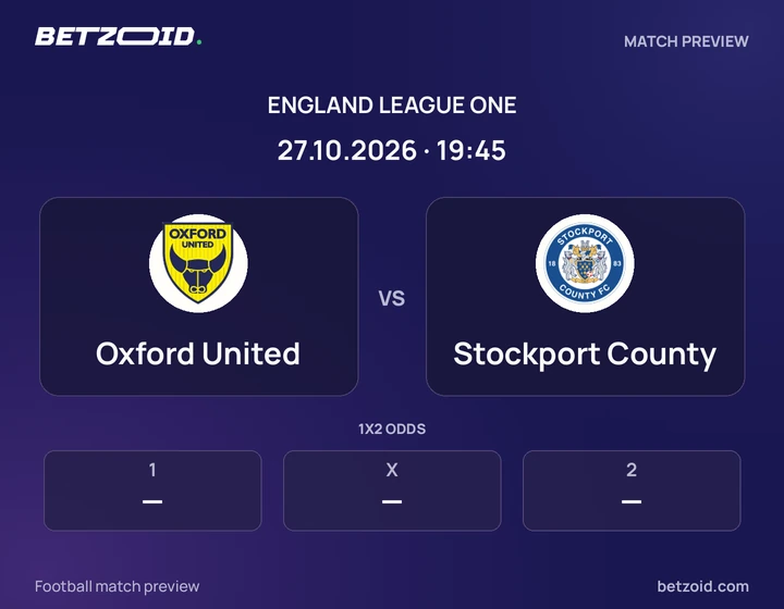 Oxford United vs Stockport County: England League One match preview with team badges and kick-off details.
