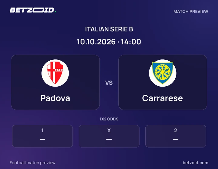 Padova vs Carrarese: Italian Serie B match preview with team badges and kick-off details.