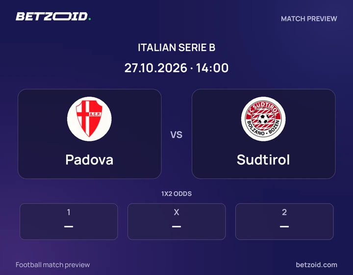 Padova vs Sudtirol: Italian Serie B match preview with team badges and kick-off details.