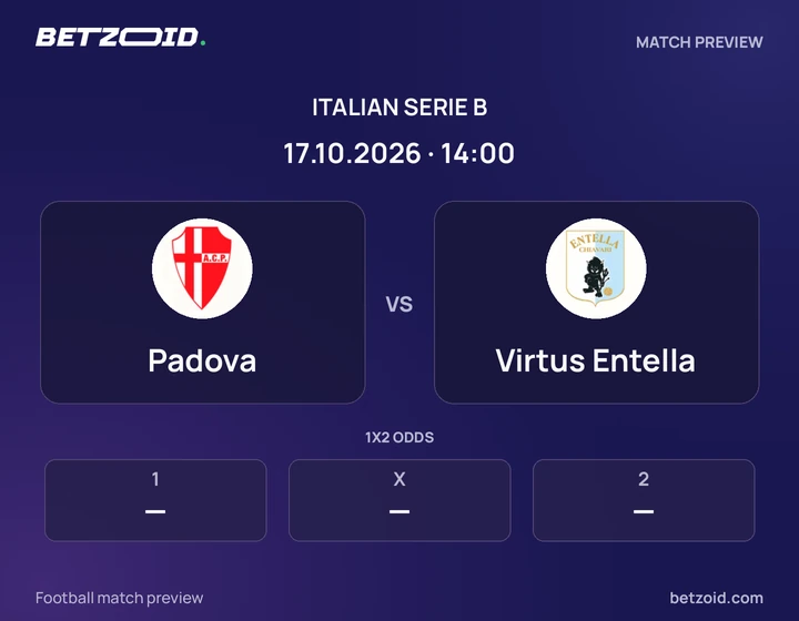 Padova - Virtus Entella Padova vs Virtus Entella: Italian Serie B match preview with team badges and kick-off details.