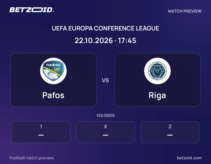 Pafos vs Riga: UEFA Europa Conference League match preview with team badges and kick-off details.