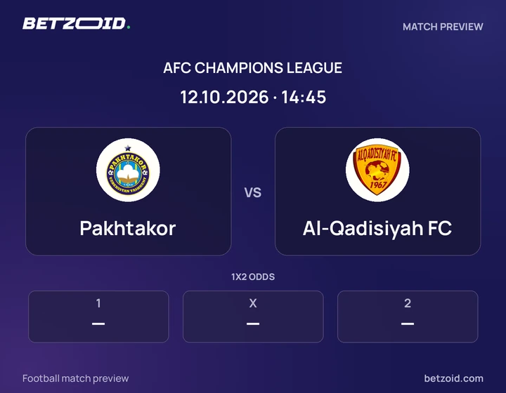 Pakhtakor - Al-Qadisiyah FC Pakhtakor vs Al-Qadisiyah FC: AFC Champions League match preview with team badges and kick-off details.