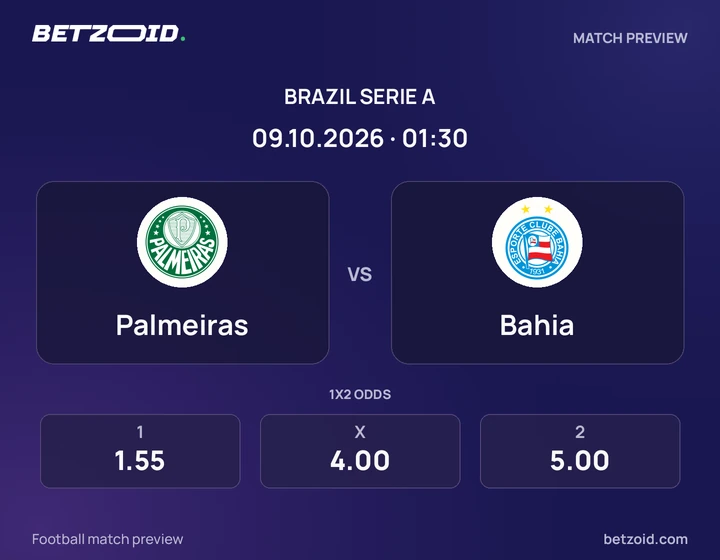 Palmeiras vs Bahia: Brazil Serie A match preview with team badges and kick-off details.