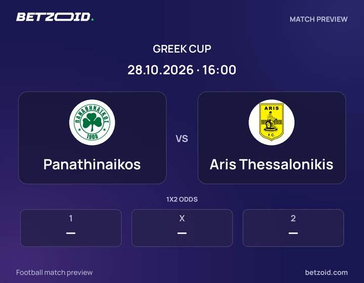 Panathinaikos vs Aris Thessalonikis: Greek Cup match preview with team badges and kick-off details.