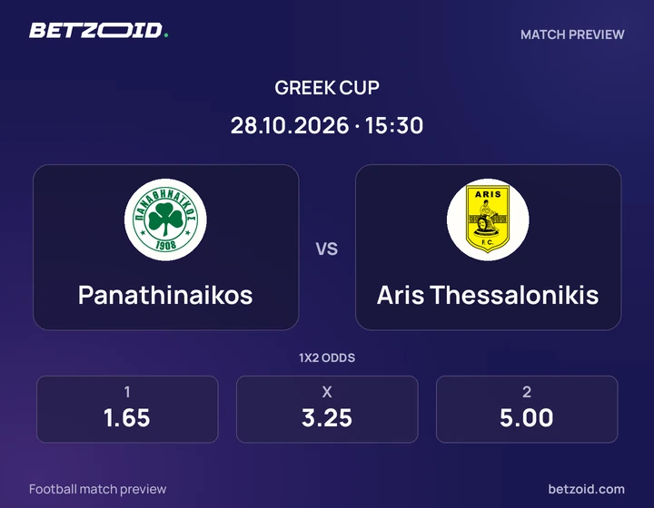 Panathinaikos - Aris Thessalonikis Panathinaikos vs Aris Thessalonikis: Greek Cup match preview with team badges and kick-off details.