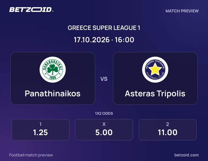 Panathinaikos vs Asteras Tripolis: Greece Super League 1 match preview with team badges and kick-off details.