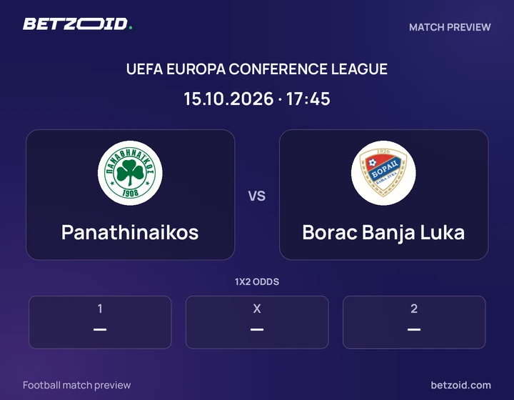 Panathinaikos vs Borac Banja Luka: UEFA Europa Conference League match preview with team badges and kick-off details.