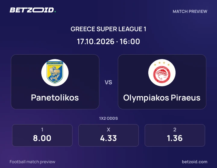 Panetolikos vs Olympiakos Piraeus: Greece Super League 1 match preview with team badges and kick-off details.